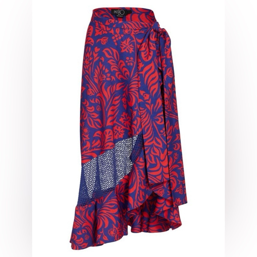NWT PATBO Pua Ruffled Mesh-Panel Wrap Skirt Ivory/Green Palm Print Large - Picture 9 of 9